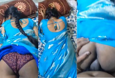Watch saree chudai of Bhabhi lying on bed in blue Desi