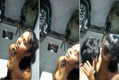 Guy licks GF’s pussy in a public bathroom college